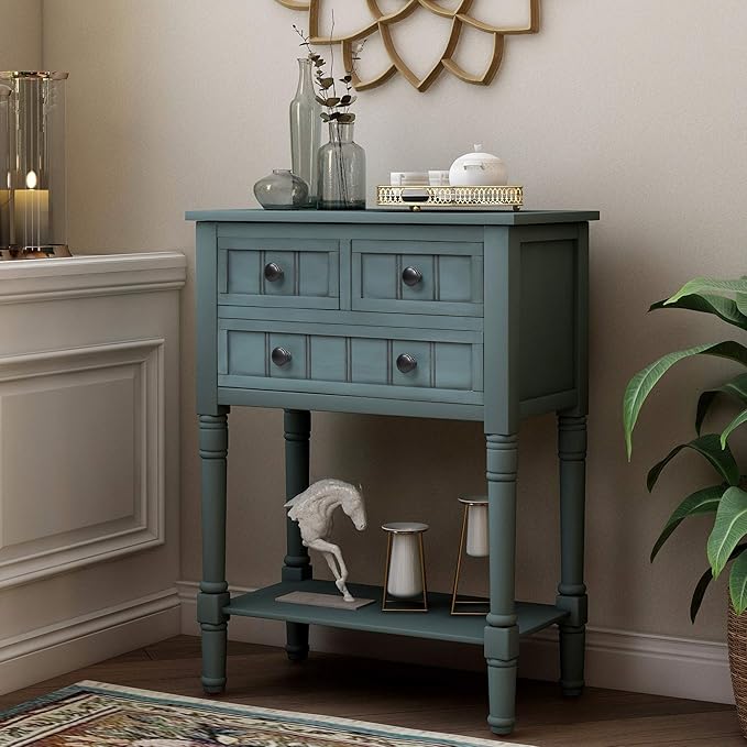 P PURLOVE Narrow Console Table, Farmhouse Entryway Table Slim Sofa Table with Three Storage Drawers and Bottom Shelf, Wood Entry Table for Living Room,Easy Assembly,Navy
