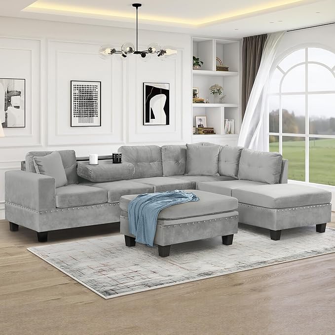 P PURLOVE Sectional Sofa with Reversible Chaise and 2 Pillows, Polyester L-Shaped Sofa with Storage Ottoman and Cup Holders, Sectional Couche Living Room Furniture Sets (Gray)