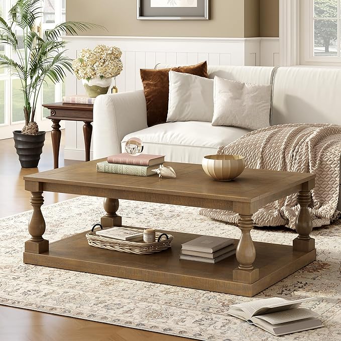 P PURLOVE Solid Wood Coffee Table, Modern Farmhouse Rectangle Coffee Table/Center Table with Storage for Living Room,Brown
