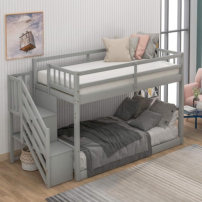 Twin Over Twin Junior's Low Bunk Bed with Storage Stairs,Wood Floor Bunk Bed with Storage for Kids Teens,Floor Twin Size Bunk Beds with Slat, No Box Spring Need